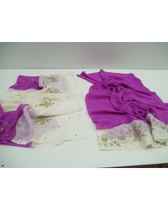 SAREE SARI INDIAN DESIGNER EMBROIDERY WEDDING FABRIC 2 PIECE LADIES PURPLE CREAM