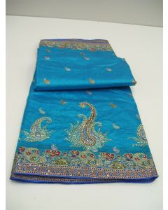 SAREE SARI INDIAN DESIGNER SILK FLORAL EMBROIDERED AQUA GOLD BURGUNDY FABRIC