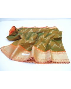 SAREE SARI INDIAN DESIGNER LADIES SILK FLORAL FABRIC DIAMONTES OLIVE ORANGE GOLD