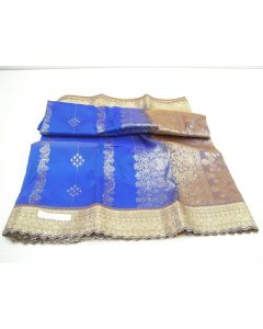 SAREE SARI INDIAN DESIGNER EMBROIDERY SILK DIAMONTES ROYAL BLUE GOLD FABRIC