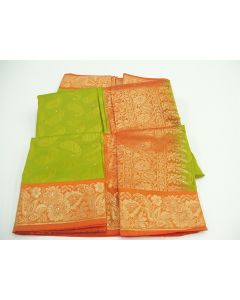 SAREE SARI INDIAN DESIGNER SILK FLORAL DIAMONTES LIME ORANGE GOLD FABRIC LADIES
