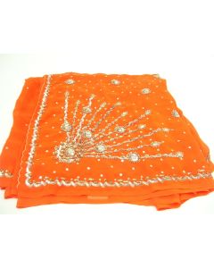 SAREE SARI INDIAN DESIGNER HAND EMBROIDERED WEDDING FABRIC ORANGE CHIFFON SEQUIN