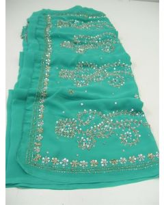 SAREE SARI INDIAN DESIGNER HAND EMBROIDERED WEDDING FABRIC GREEN GOLD CHIFFON