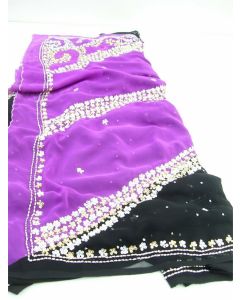 SAREE SARI INDIAN DESIGNER HAND EMBROIDERED WEDDING FABRIC BLACK PURPLE CHIFFON