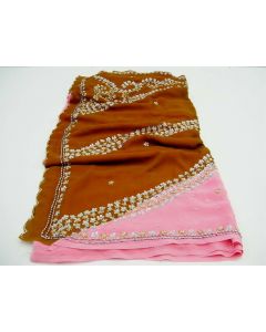 SAREE SARI INDIAN DESIGNER HAND EMBROIDERED WEDDING FABRIC PINK MUSTARD CHIFFON