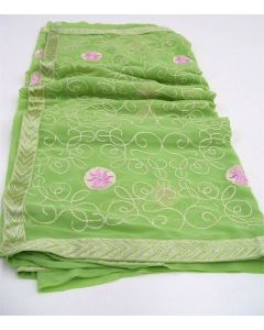 SAREE SARI INDIAN DESIGNER HAND EMBROIDERED WEDDING FABRIC LIME GREEN GEORGETTE