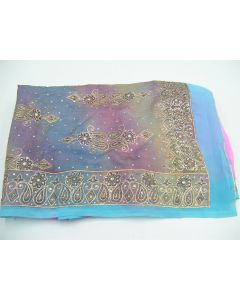 SAREE SARI INDIAN DESIGNER HAND EMBROIDERED WEDDING FABRIC PINK BLUE CHIFFON