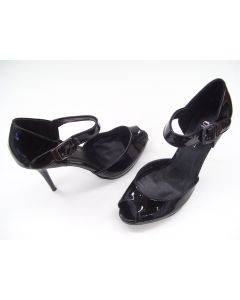 UNIQUE LADIES SHOES HEELS BLACK PATENT DRESS FORMAL PEEP TOE ANKLE STRAP AU 7