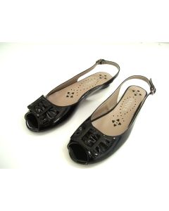 UNIQUE LADIES BLACK PATENT FLATS PEEP TOE DRESS SHOES SLINGBACK SLING SIZE 5