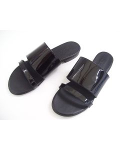 UNIQUE LADIES SANDALS SIZE 4.5 FLATS BLACK PATENT LEATHER FLAT SHOES OPEN TOE