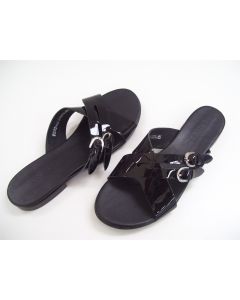 UNIQUE LADIES SANDALS SIZE 6 FLATS BLACK PATENT LEATHER FLAT SHOES OPEN TOE