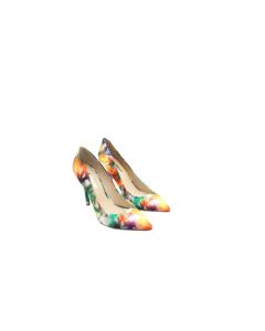 GUESS PLASMAS3-A BLUE3 YELLOW GREEN ORANGE PURPLE FLORAL DESIGN CLOSED TOE HEELS