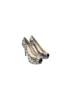 GUESS HONORA7 BLACK / WHITE BLACK CREAM BEIGE WHITE TEXTURED DESIGN PEEP TOE HEELS